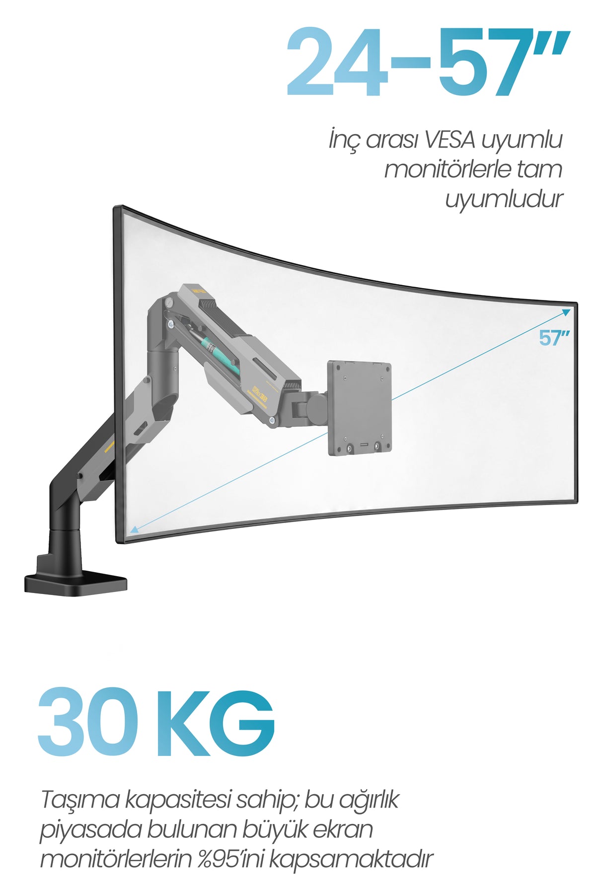 Armada Monitör Kolu Arm 75x75 – 200x200 VESA Uyumluluğu — 24"–57" 30kg Kapasiteli
