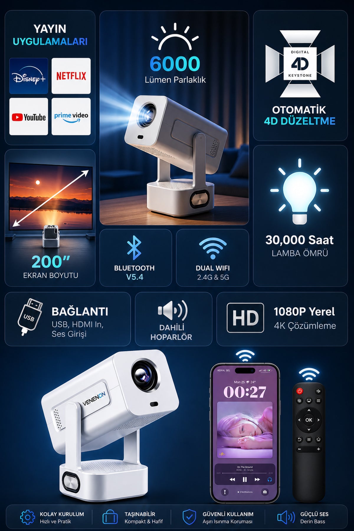 Ev Sineması Projektör Auto Focus