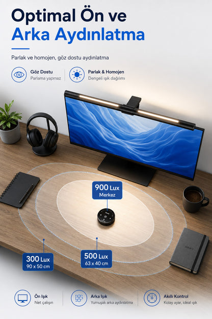Aura-Pro Monitör Lambası Ön-Arka Işık Kumandalı Kademeli Parlaklık Renk Ayarlı Masa PC Ekran Işığı